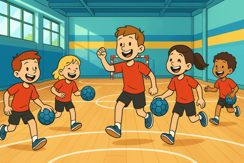 Kinder spielen in der Handballhalle