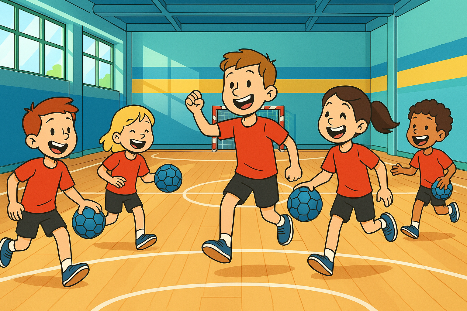 Kinder spielen in der Handballhalle